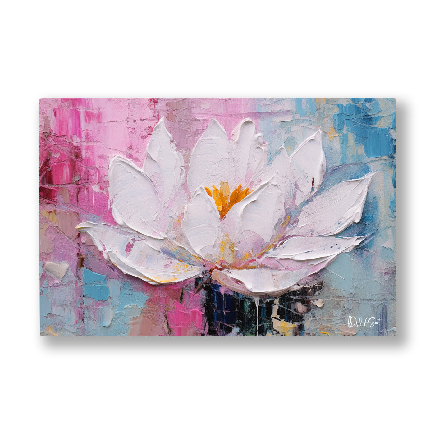 Pembe Lotus 2 kanvas tablo — Pembe ve mavi lekelerin ortasında altın göbekli beyaz bir nilüfer.