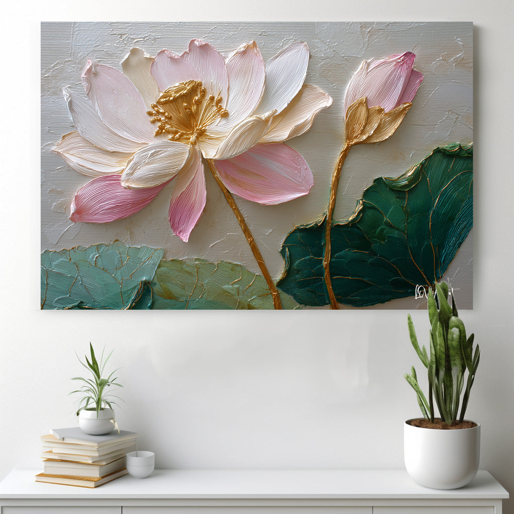 Pembe Lotus 3 kanvas tablo — iç mekân uygulama örneği