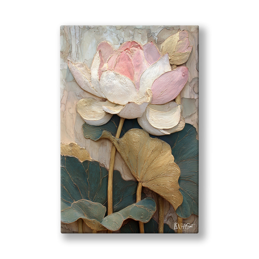 Pembe Lotus kanvas tablo — Gri yeşil yaprakların üstünde yükselen iri krem nilüfer başları.