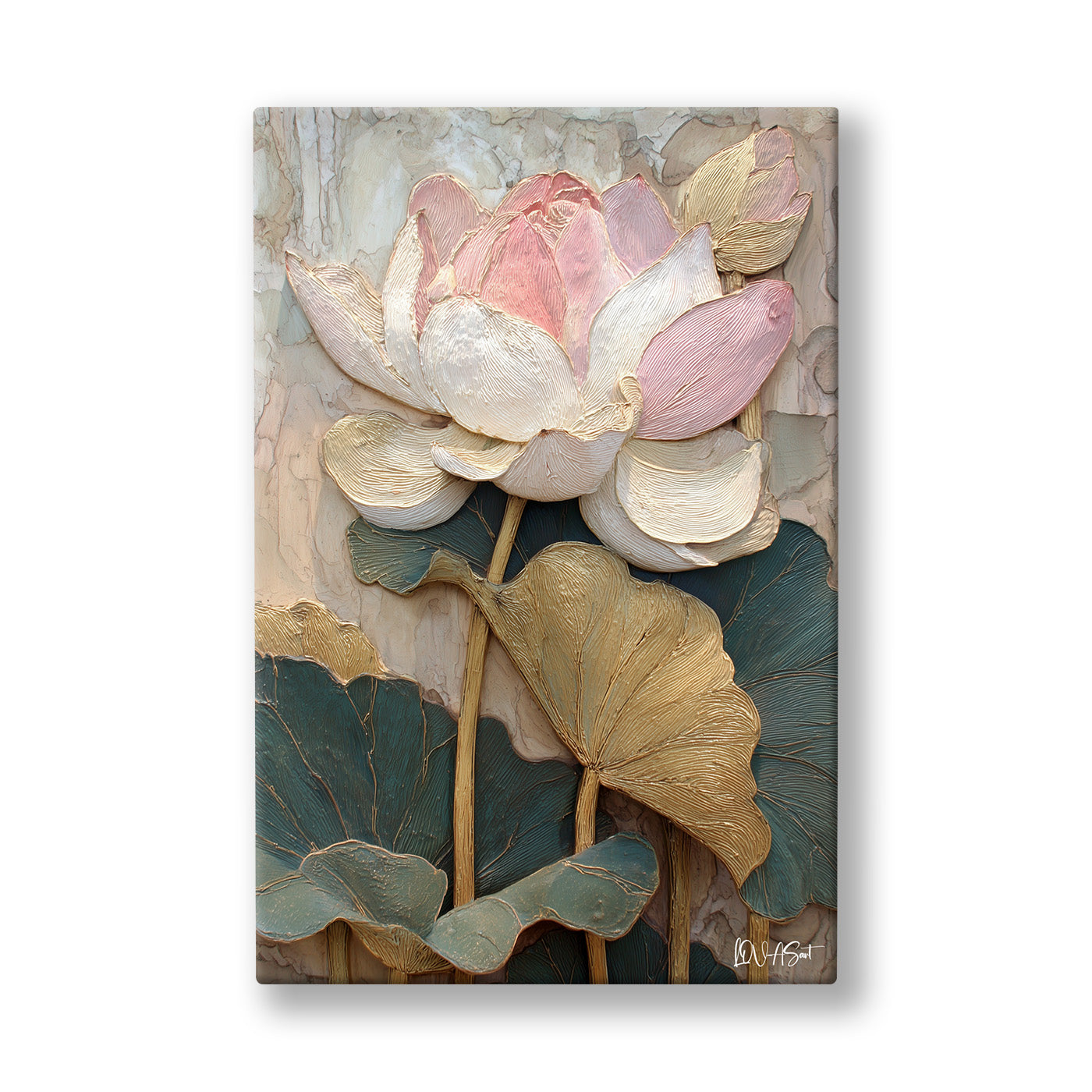 Pembe Lotus kanvas tablo — Gri yeşil yaprakların üstünde yükselen iri krem nilüfer başları.
