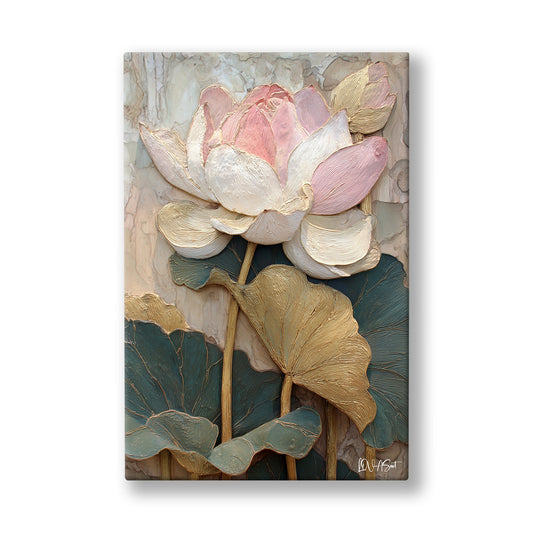 Pembe Lotus kanvas tablo — Gri yeşil yaprakların üstünde yükselen iri krem nilüfer başları.