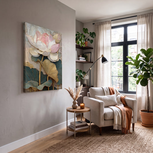Pembe Lotus kanvas tablo — duvarda dekorasyon görünümü