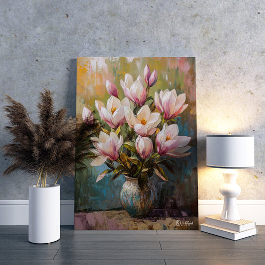 Pembe Magnolia — dikey kanvas tablo, farklı açıdan görünüm