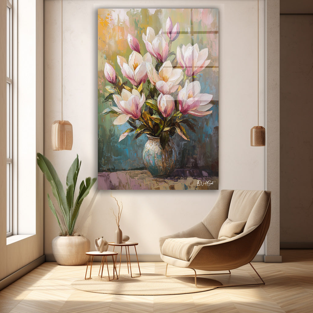 Pembe Magnolia cam tablo — duvarda dekorasyon görünümü