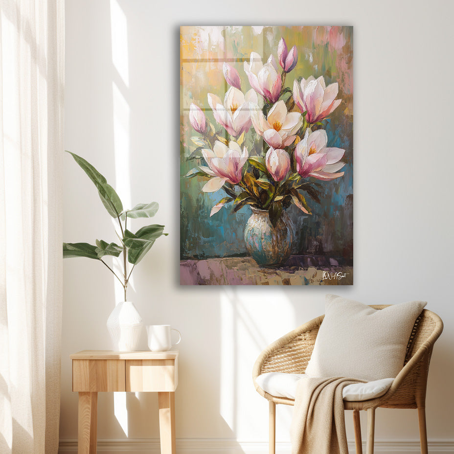Pembe Magnolia cam tablo — iç mekân uygulama örneği