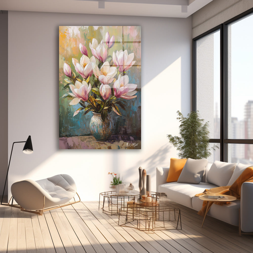Pembe Magnolia cam tablo — farklı açıdan görünüm
