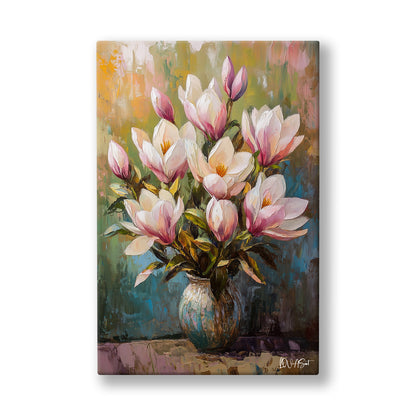 Pembe Magnolia — çiçek temalı dikey kanvas tablo