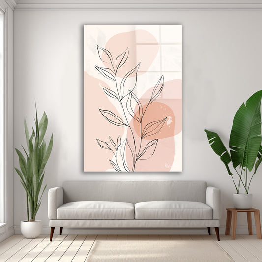 Pembe Minimal Yaprak cam tablo — duvarda dekorasyon görünümü