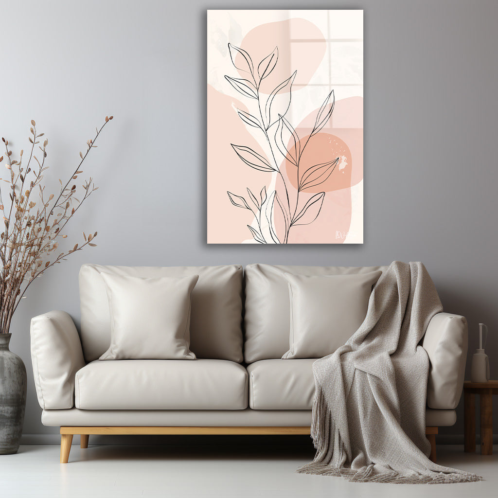 Pembe Minimal Yaprak cam tablo — iç mekân uygulama örneği