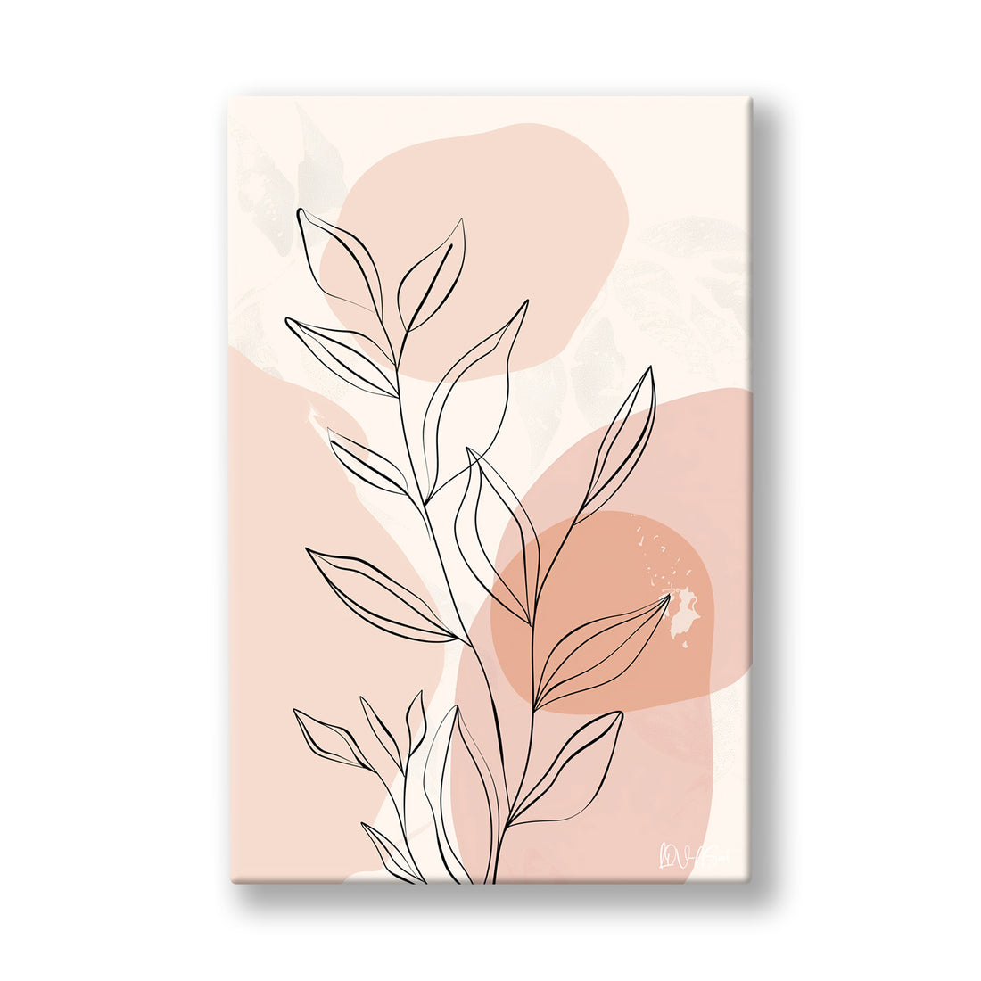 Pembe Minimal Yaprak kanvas tablo — Pudra pembesi lekelerin önünde ince çizgiyle çizilmiş bir yaprak dalı.