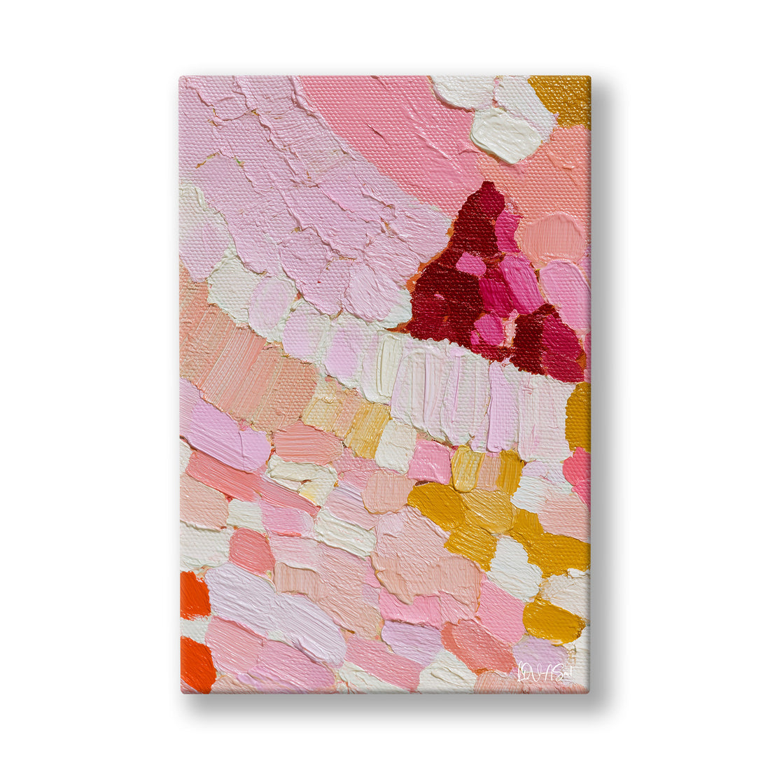 Pembe Pastel Mozaik kanvas tablo — Pastel pembe karelerin arasına serpilmiş bordo ve hardal lekeler.