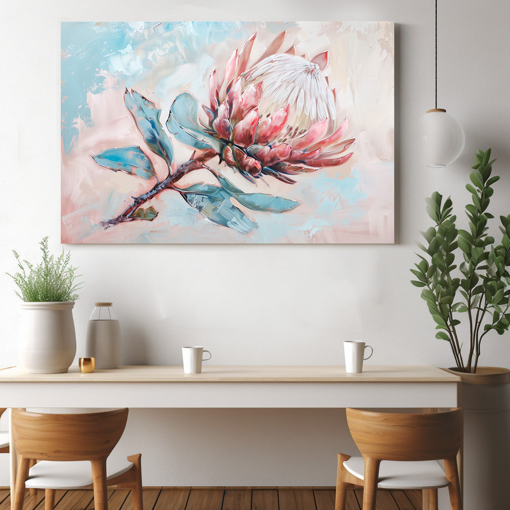 Pembe Protea kanvas tablo — duvarda dekorasyon görünümü