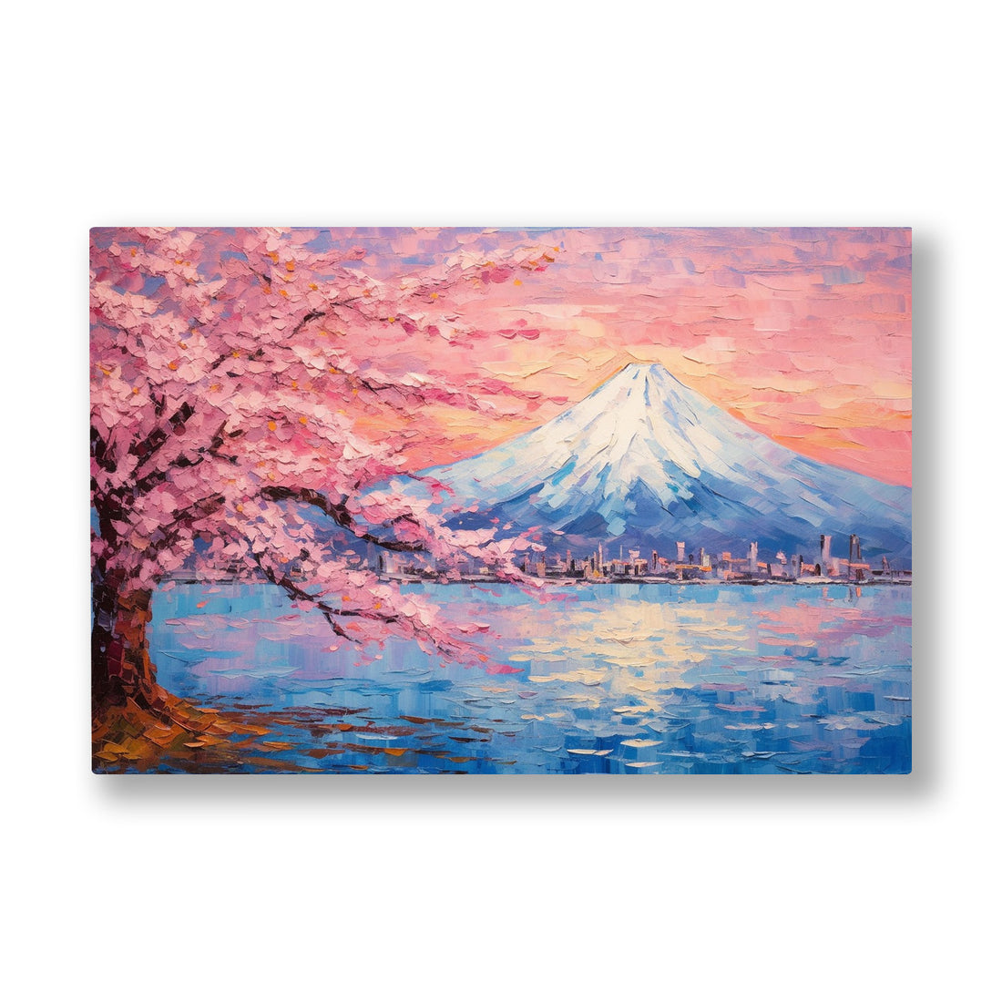 Pembe Sakura Dağı kanvas tablo — Pembeye boyanmış gökyüzünün altında karlı bir dağ, gölde ikiye katlanıyor.