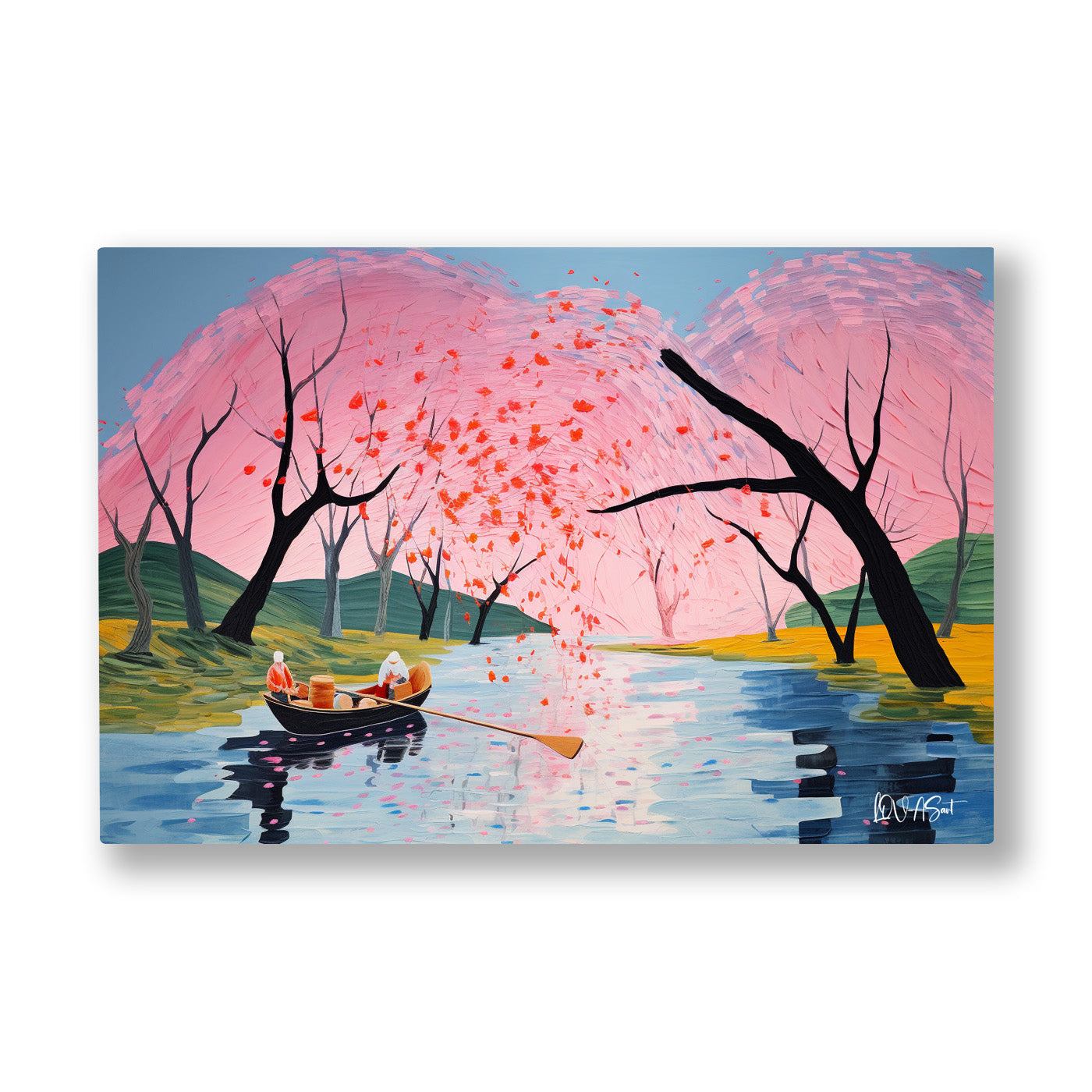 Pembe Sakura Gölü kanvas tablo — Sakura dallarının altında iki kişilik küçük bir kayık, gölde usulca süzülüyor.