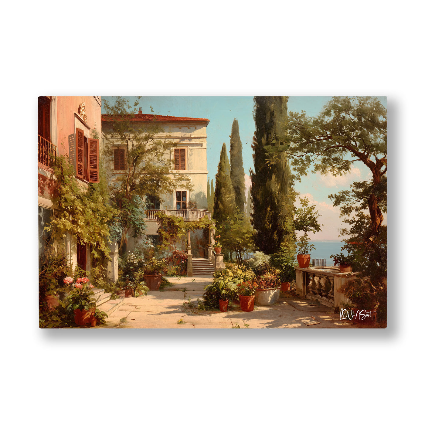 Pembe Villa Bahçesi kanvas tablo — Selvilerin gölgesindeki taş villa, denize açılan bir bahçeyle kucaklaşıyor.