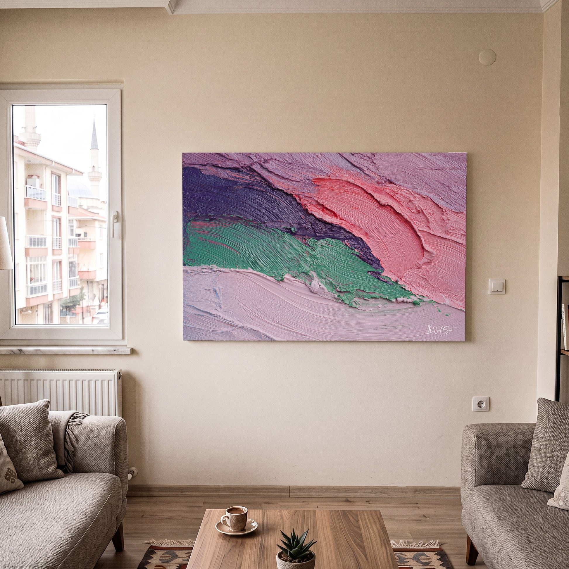 Pembe Yeşil Akış kanvas tablo — detay görünümü