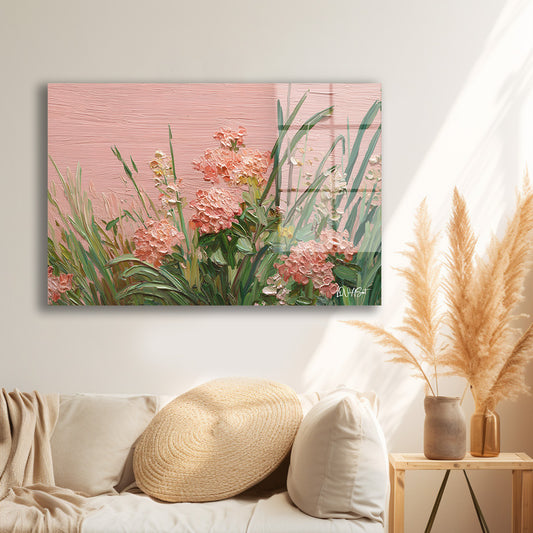 Pembe Zeminde Çiçekler cam tablo — iç mekân uygulama örneği