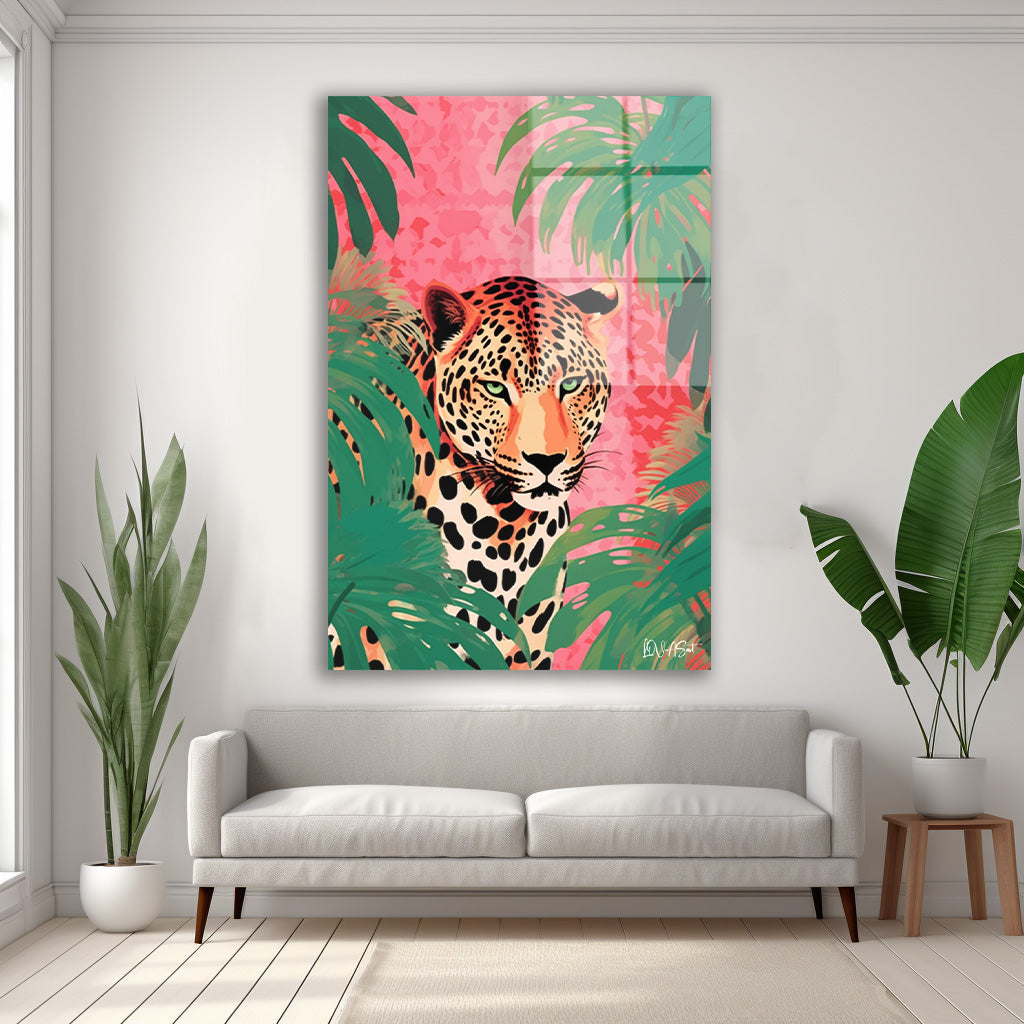 Pembe Zeminde Leopar cam tablo — duvarda dekorasyon görünümü