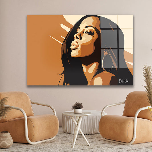 Pop Art Kadın cam tablo — duvarda dekorasyon görünümü