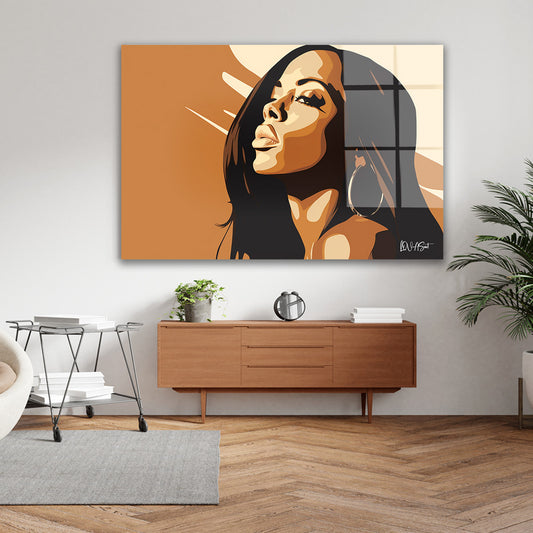 Pop Art Kadın cam tablo — iç mekân uygulama örneği