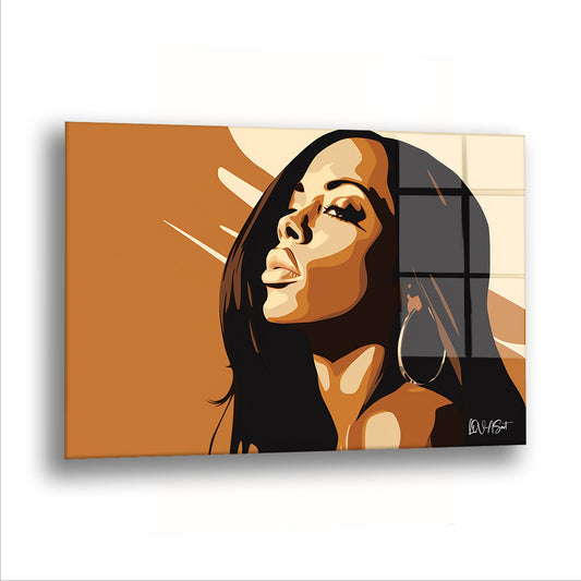 Pop Art Kadın cam tablo — Işığa doğru dönmüş bir yüzün keskin hatlı portresi.