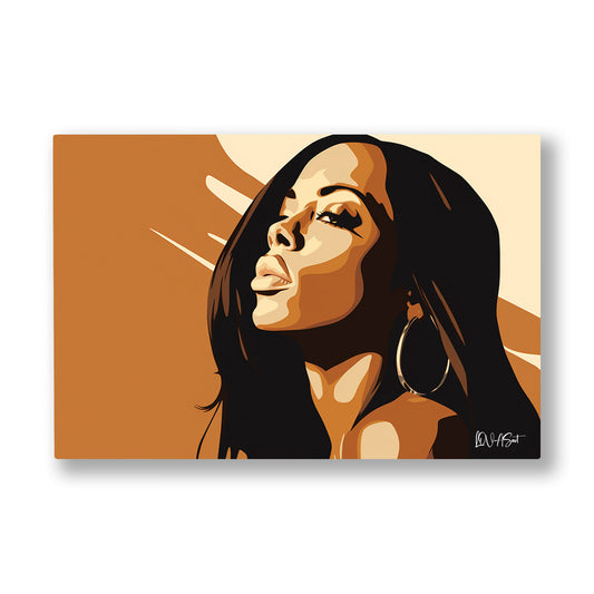 Pop Art Kadın kanvas tablo — Okra sarısı bir zeminde başını hafifçe kaldırmış pop art bir kadın.