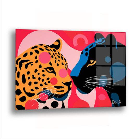 Pop Art Leopar ve Panter cam tablo — Bir leopar ve bir panter yan yana, gözlerini kaçırmadan.