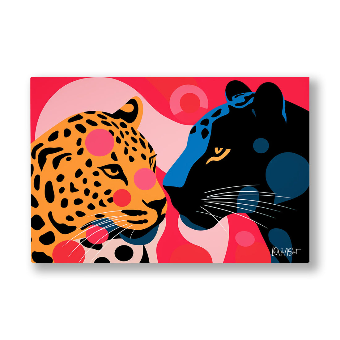 Pop Art Leopar ve Panter kanvas tablo — Pembe zeminde yan yana duran bir leopar ile mavi bir kara panter.