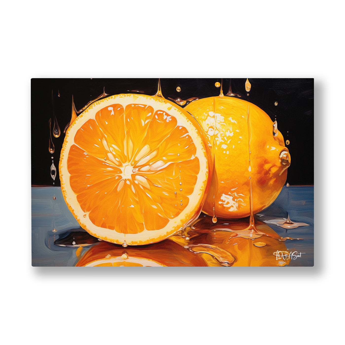 Portakal ve Limon kanvas tablo — Simsiyah bir zeminde yarılmış portakal ve limondan damlayan parlak sular.