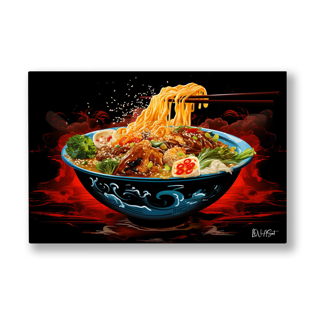 Ramen Kasesi kanvas tablo — Siyah zeminde çubuklarla kaldırılan erişteler ramen kâsesinin üstünde asılı.