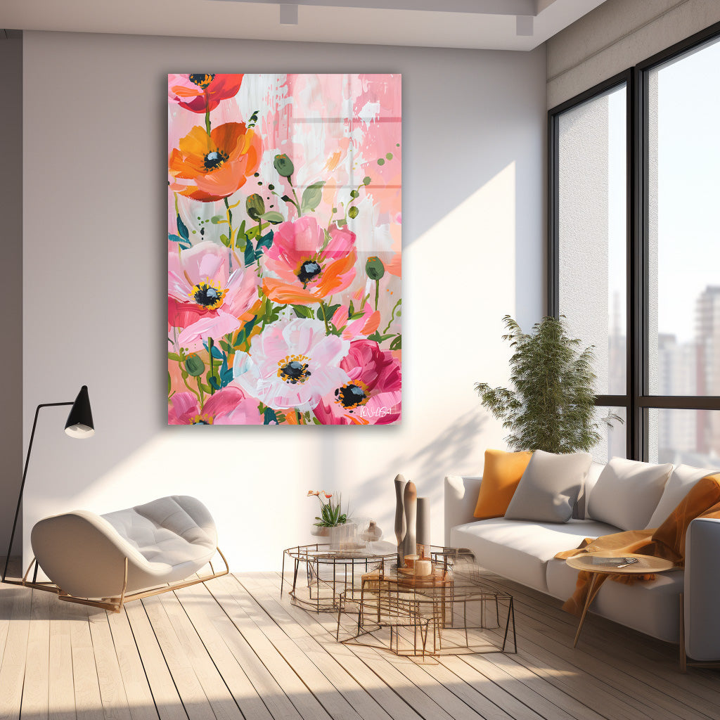 Rengarenk Pembe Çiçek Bahçesi cam tablo — farklı açıdan görünüm