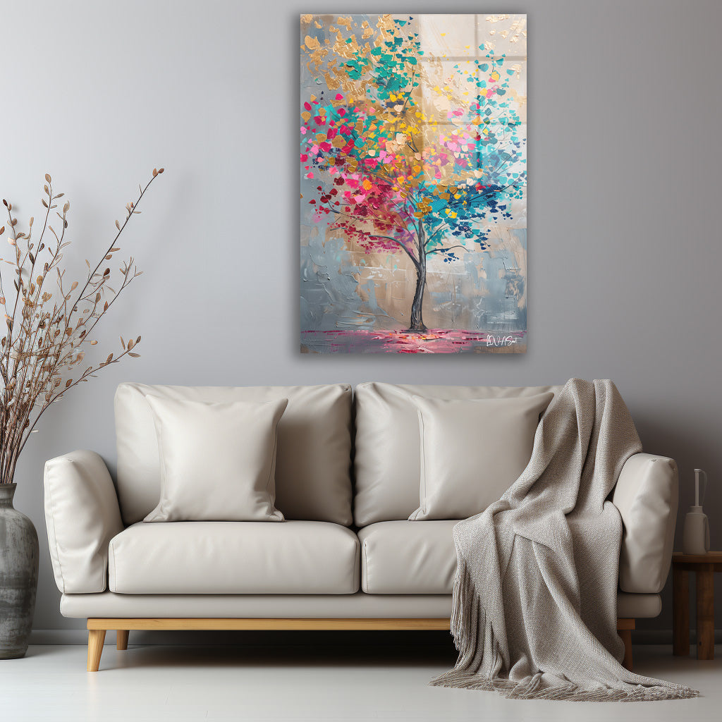Renkli Ağaç 3 cam tablo — iç mekân uygulama örneği