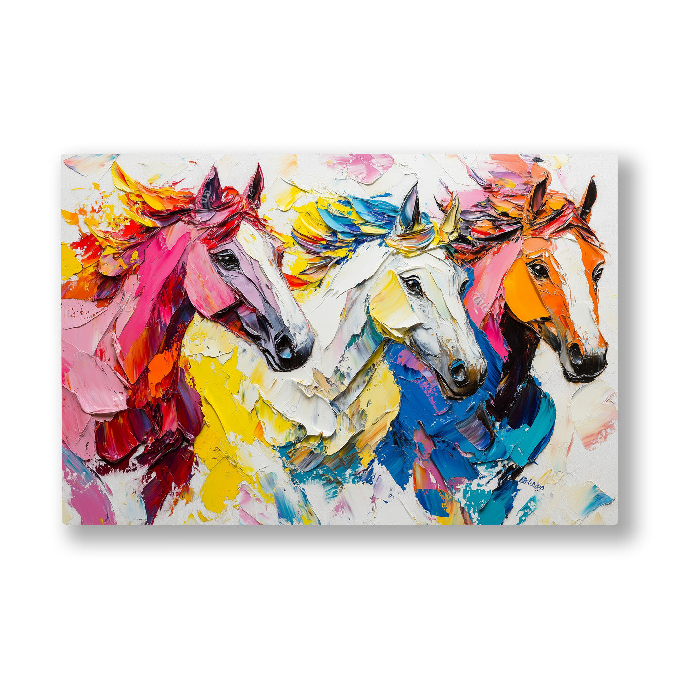 Renkli Atlar 2 kanvas tablo — Pembe ve turkuaz yeleleriyle bir at sürüsü aynı anda öne atılıyor.