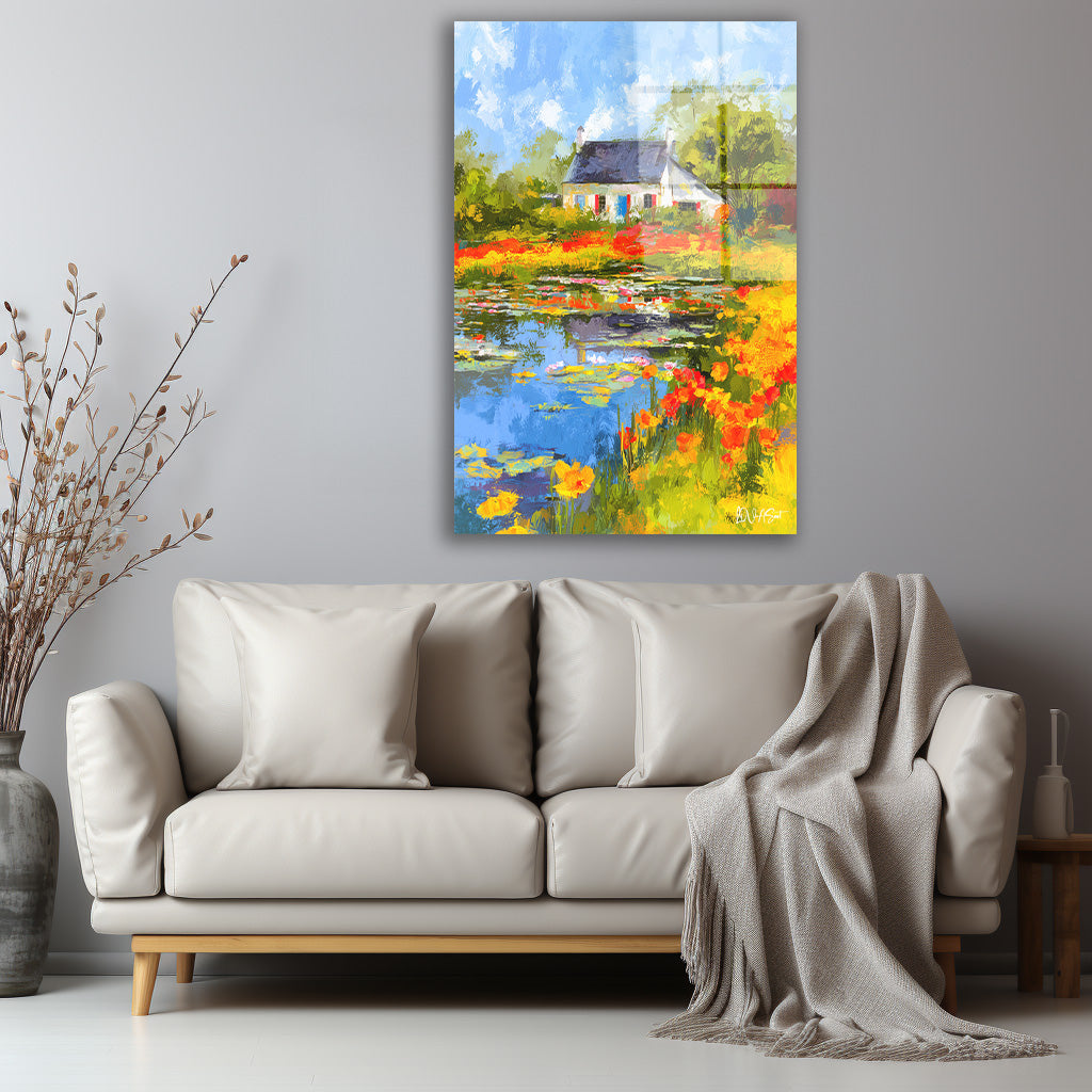 Renkli Bahçe Göleti cam tablo — iç mekân uygulama örneği