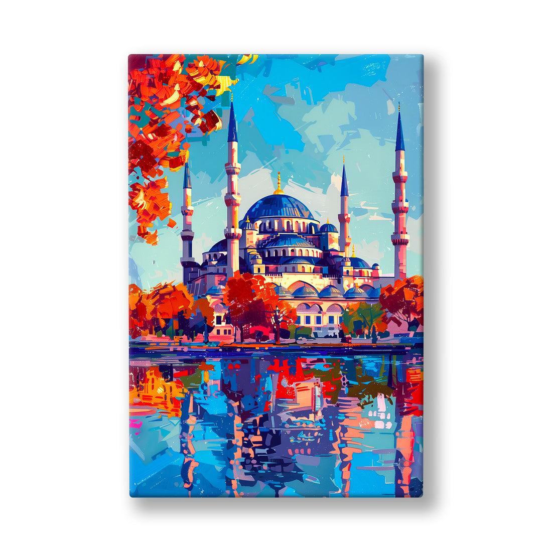 Renkli Cami Yansıması kanvas tablo — Kubbesi ve minareleriyle bir cami suya boydan boya yansıyor.