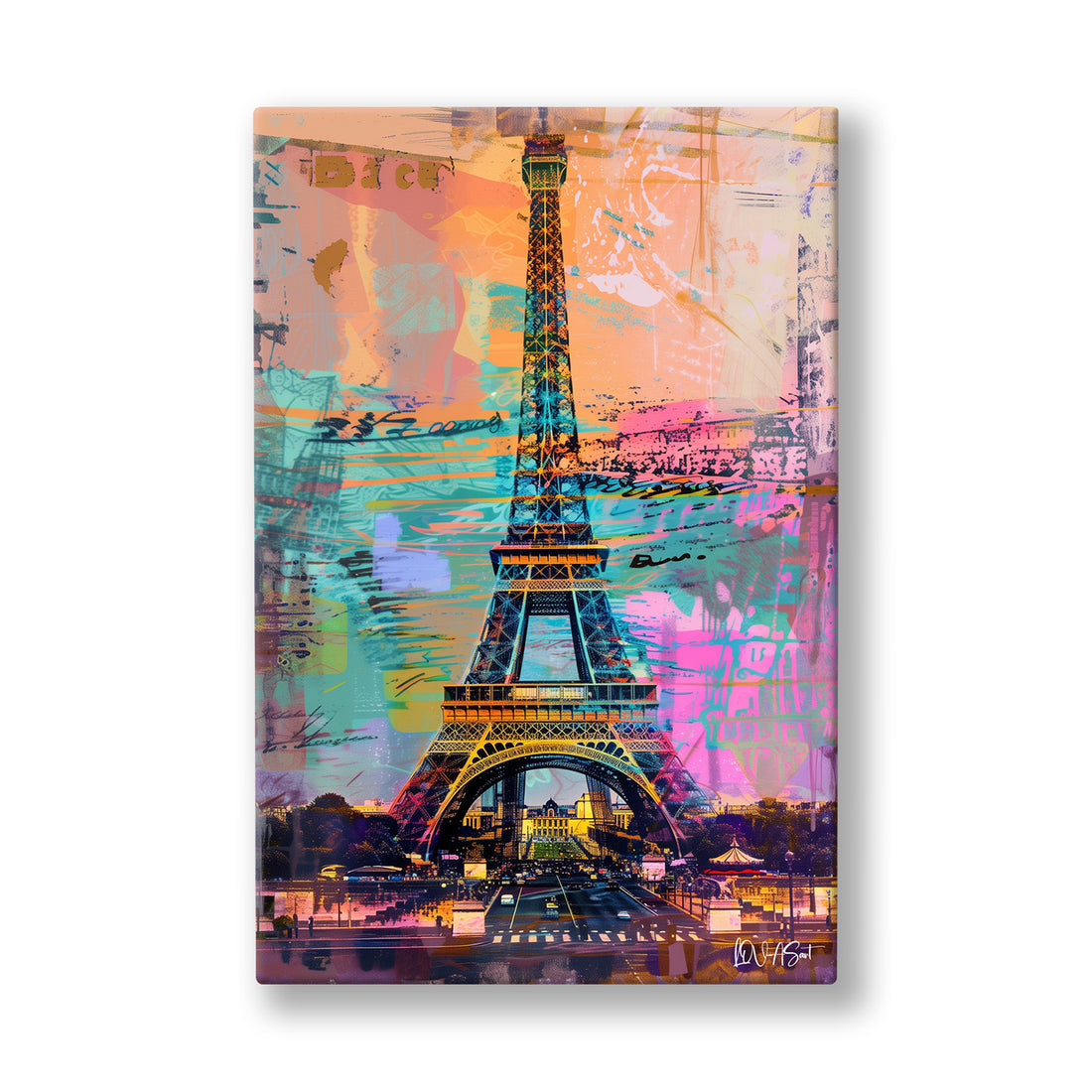 Renkli Eyfel Kulesi 2 kanvas tablo — Pastel pembe ve mavi bir Paris sabahında yükselen Eyfel Kulesi.