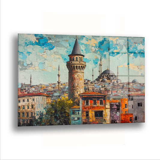 Renkli Galata Kulesi cam tablo — Galata Kulesi, konik külahıyla eski İstanbul'un çatıları üzerinde nöbet tutuyor.