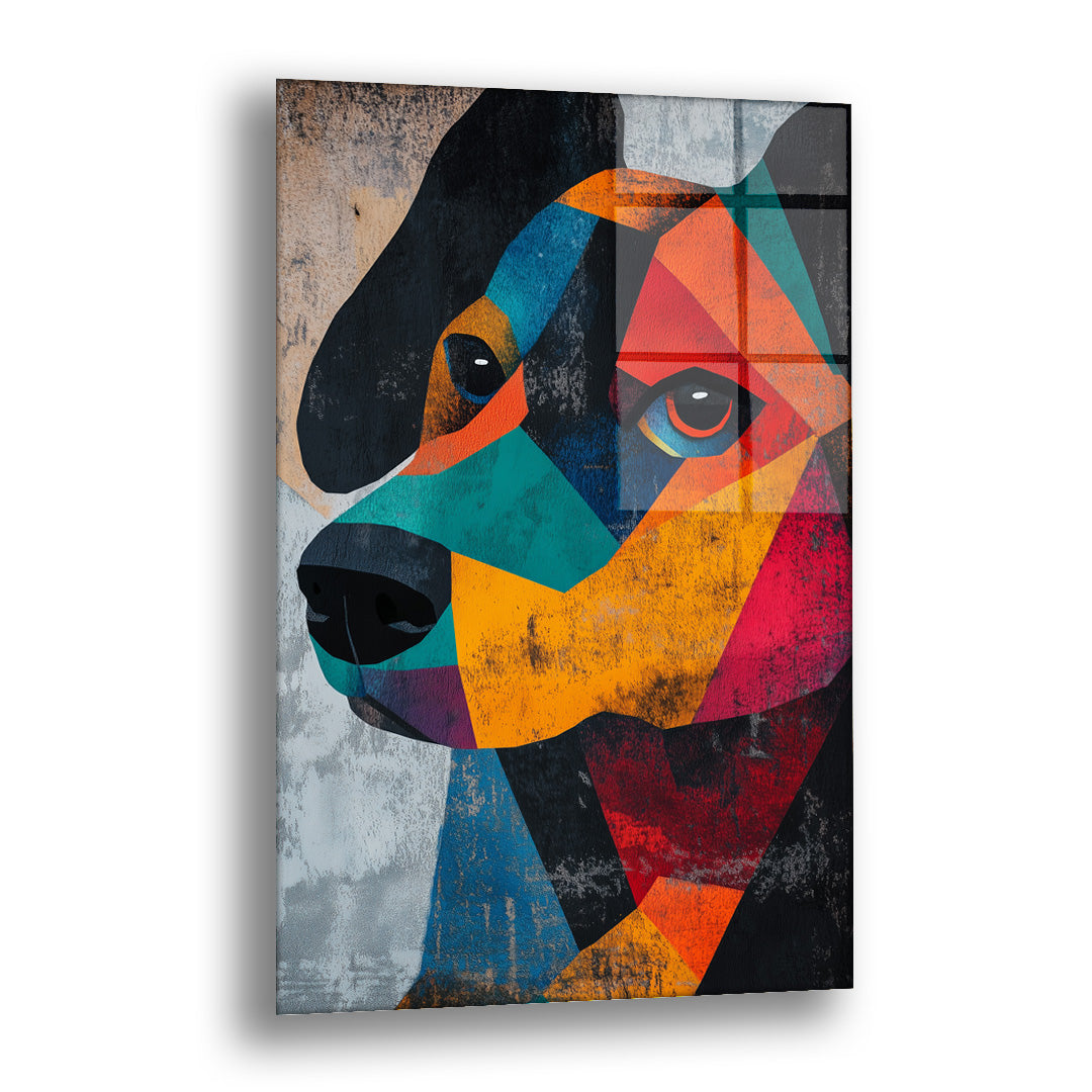 Renkli Geometrik Köpek cam tablo — bir köpek profilini turkuaz, turuncu ve kırmızı geometrik parçalara bölen kübist dokunuşlu