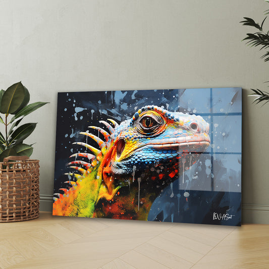 Renkli İguana cam tablo — iç mekân uygulama örneği
