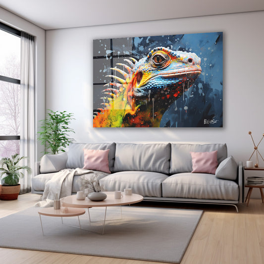 Renkli İguana cam tablo — farklı açıdan görünüm