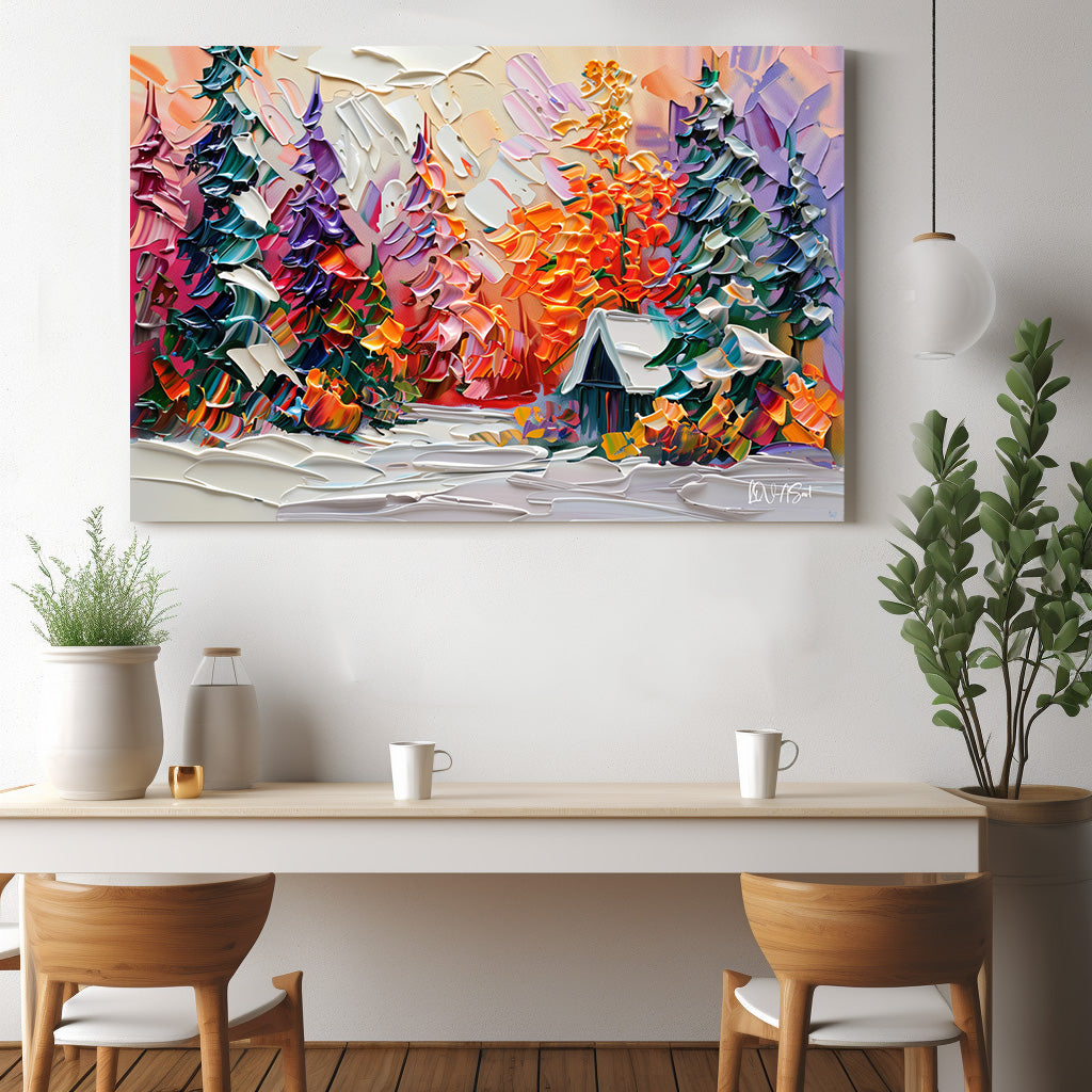 Renkli Kar Ormanı kanvas tablo — duvarda dekorasyon görünümü