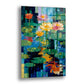 Renkli Nilüfer Mozaiği cam tablo — su yüzeyindeki pembe ve sarı nilüferleri, yeşil ve mavi mozaik parçalara bölünmüş bir göl 