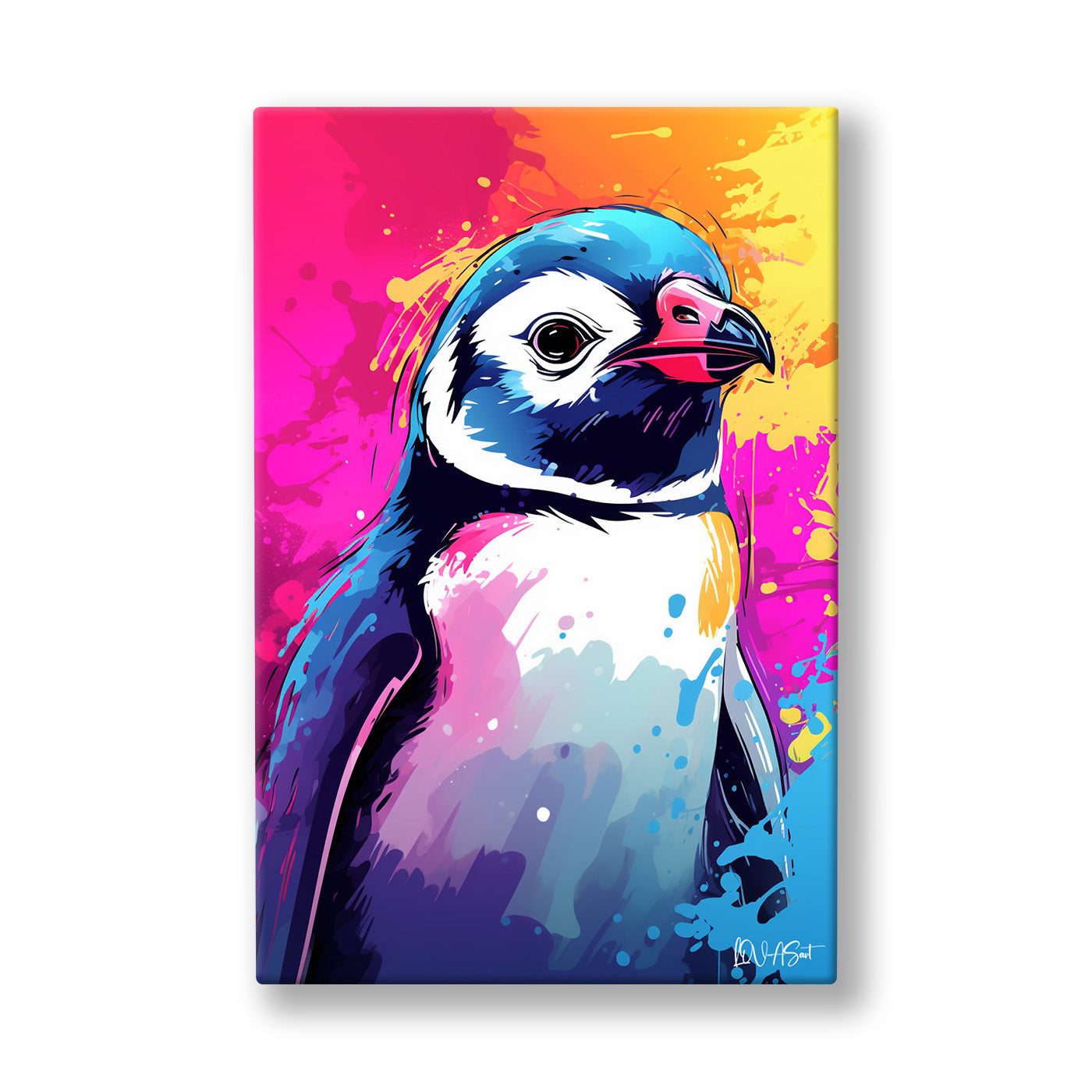 Renkli Penguen 2 kanvas tablo — Fuşya ve mor bir zeminin önünde duran penguen, pop art enerjisiyle bakıyor.