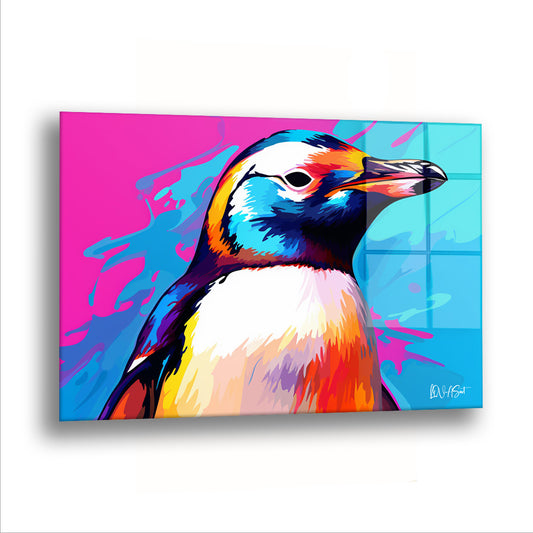 Renkli Penguen 3 cam tablo — Penguen, pembe ve turkuazın tam ortasında duruyor.