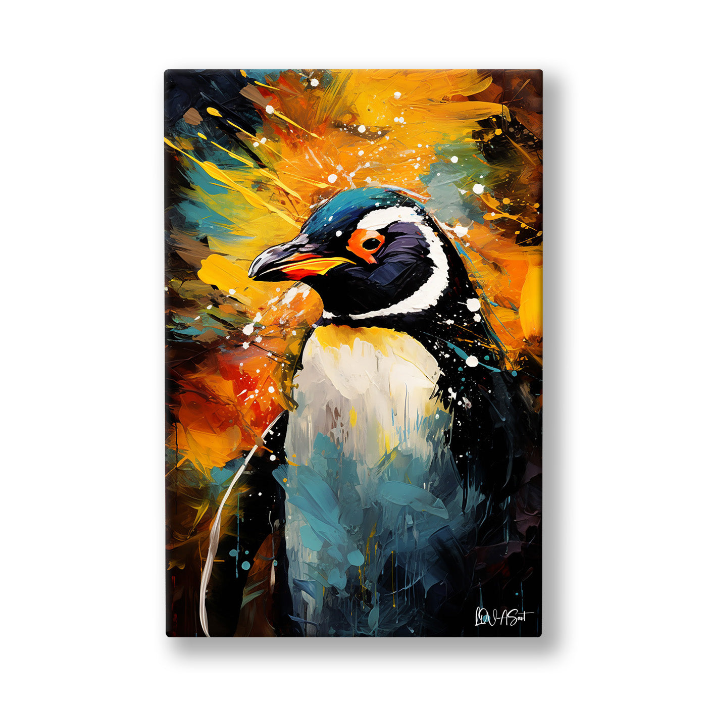 Renkli Penguen kanvas tablo — Koyu zeminde tek bir penguen, turuncu ışık serpintileri arasında duruyor.