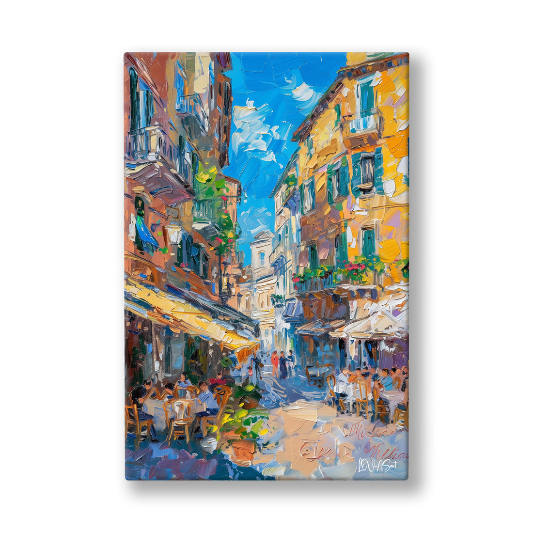 Renkli Sokak Kafesi 2 kanvas tablo — Dar bir caddenin iki yanında kafeler, açık mavi gökyüzünün altında sıralanıyor.