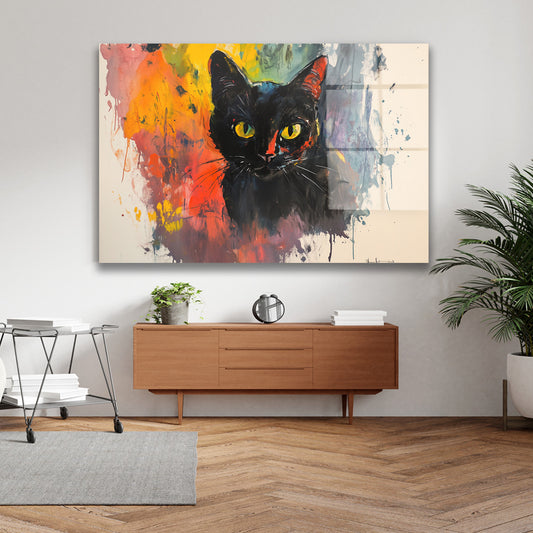 Renkli Zeminde Kara Kedi cam tablo — iç mekân uygulama örneği