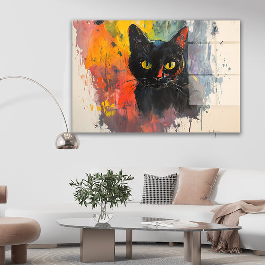 Renkli Zeminde Kara Kedi cam tablo — farklı açıdan görünüm