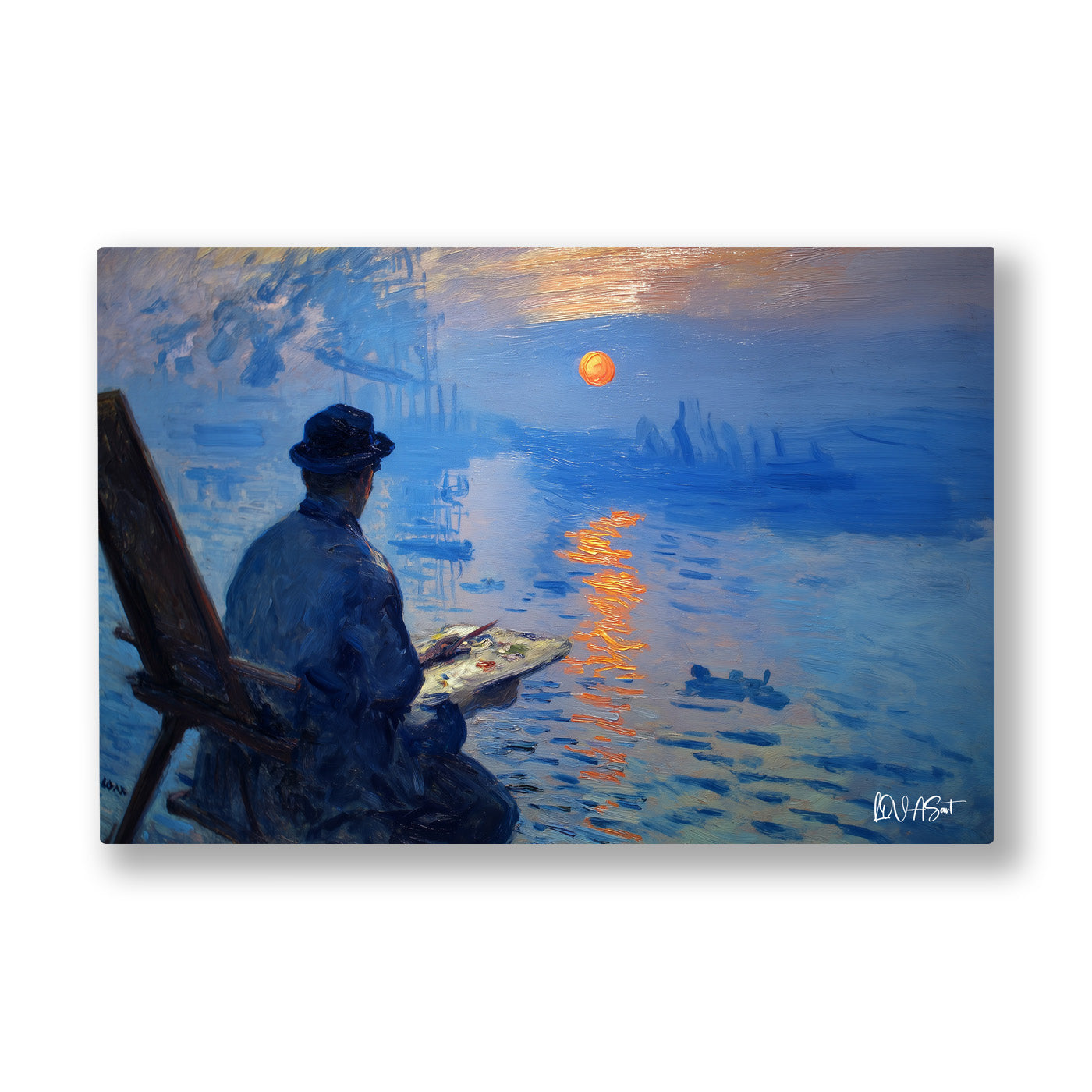 Ressamın Gün Doğumu kanvas tablo — Ressam şapkasıyla sehpasının başında, karşısında turuncu bir gün doğumu.