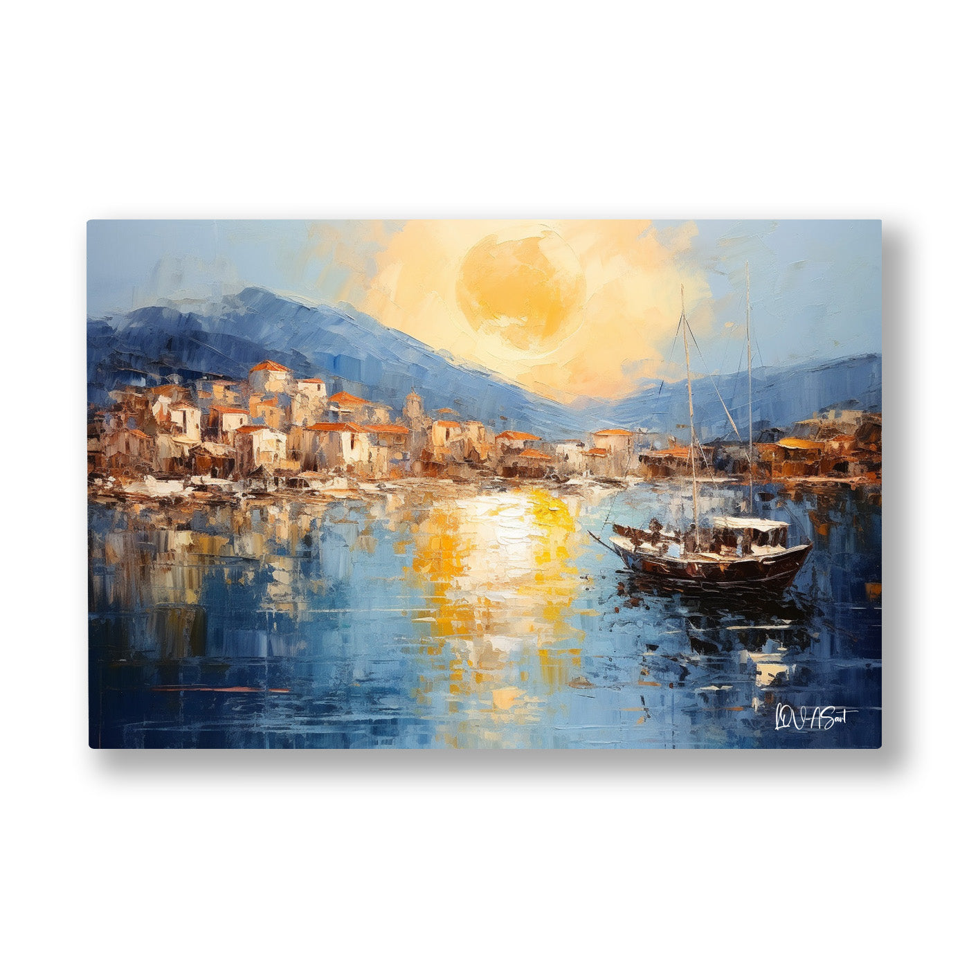 Sahil Kasabası Işıkları kanvas tablo — Altın bir ay kasabanın ışıklarını suya uzun bir şerit gibi seriyor.